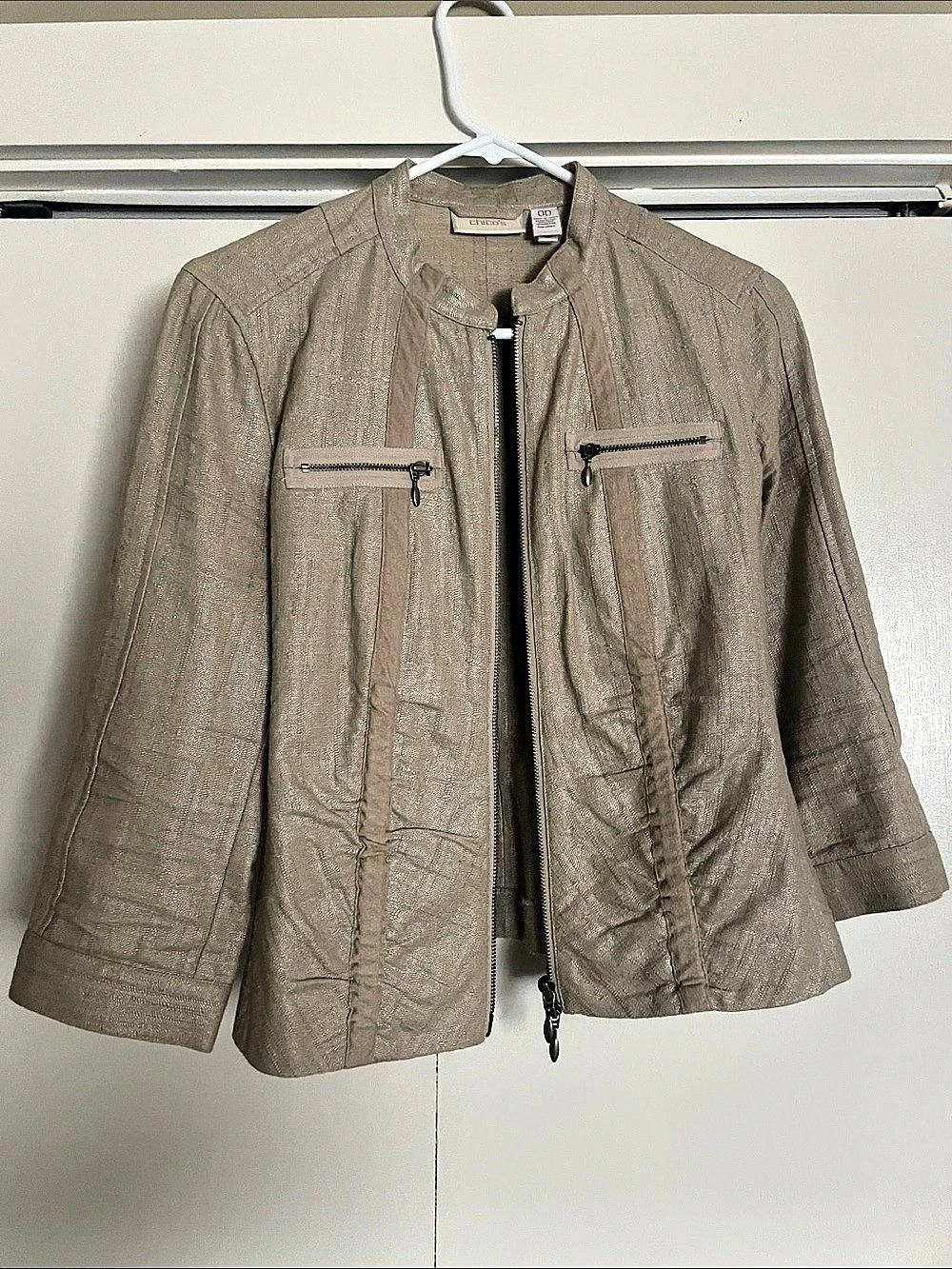 Chico's Metallic Zip Front Jacket Taupe Size 00